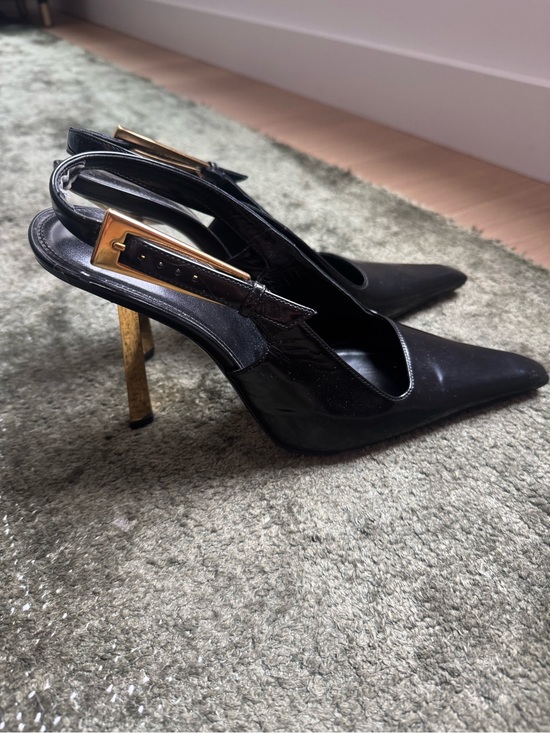 Saint Laurent Shoes - Saint Laurent Black Patent Slingback Pumps with Gold-Tone Heel